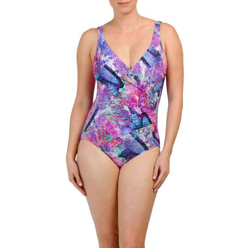 NWT GOTTEX 8 V-neck one-piece swimsuit stained glass wrap draped tummy control